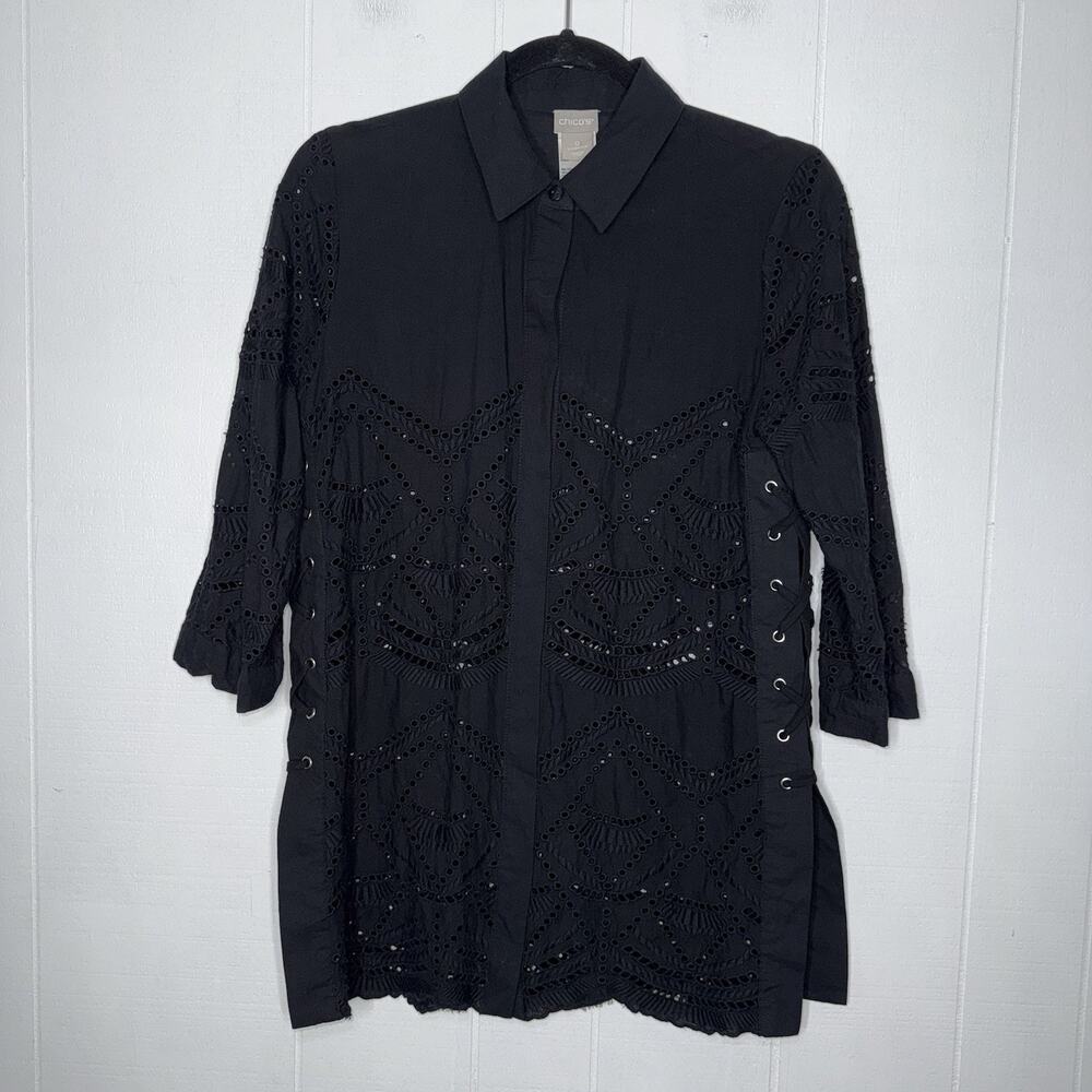 Chico’s Women’s Eyelet Embroidered Button Up Top Black Size 0, 4/6